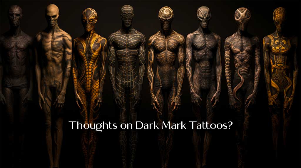 A group of people with dark mark tattoos on their bodies at a tattoo convention