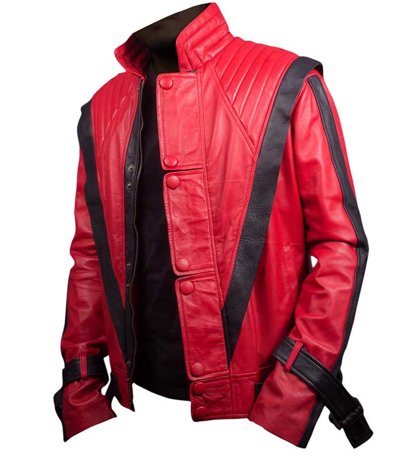 Veste en cuir rouge et noir avec fermetures éclair et boucles, conçue pour un homme ou une femme.