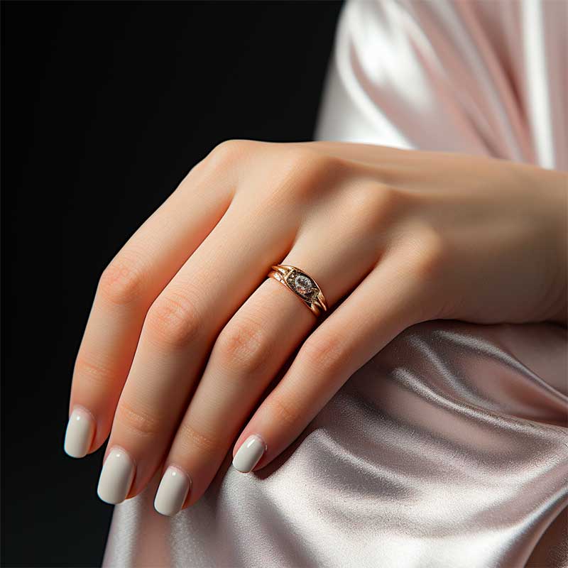 Gros plan sur la main d'une femme avec une bague en diamant scintillante à l'annulaire.