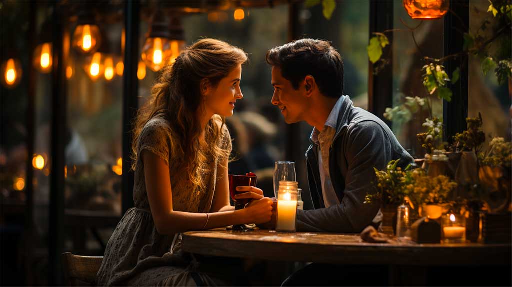 A couple sitting at a table with candles, enjoying a romantic dinner.