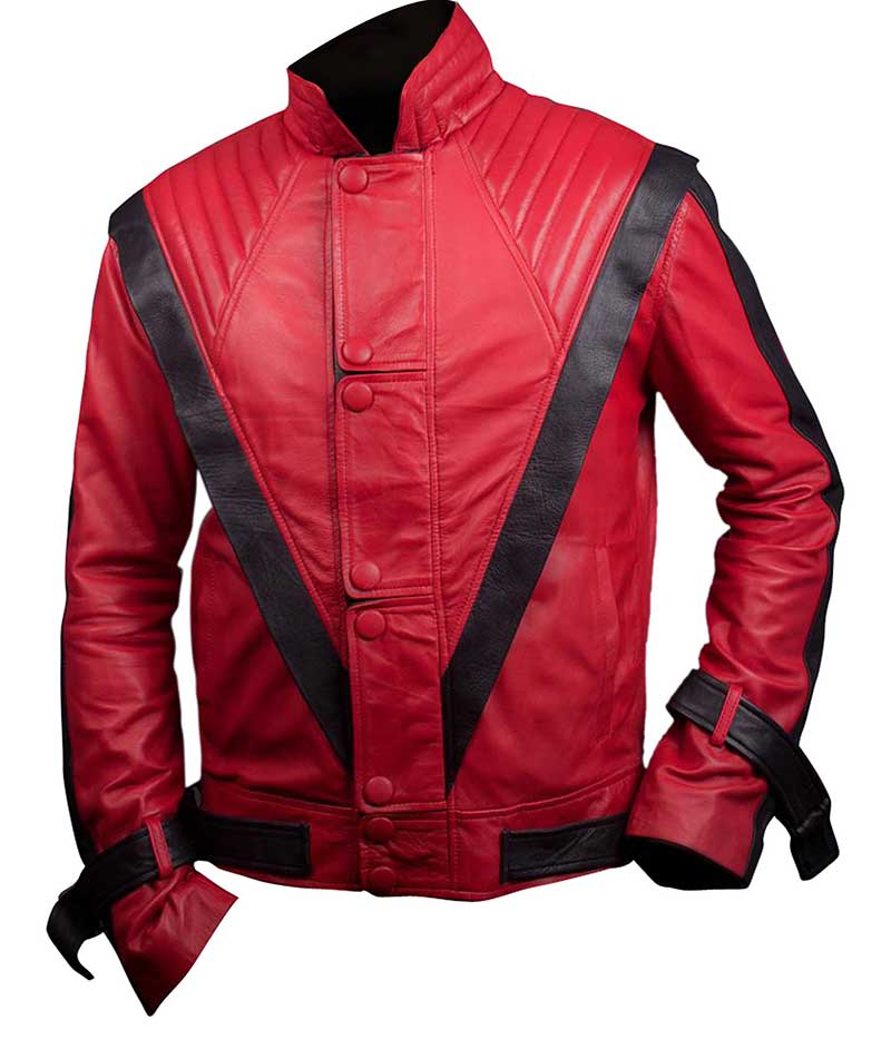 Veste en cuir rouge avec bordure et boutons noirs, conçue pour un garçon ou un homme.