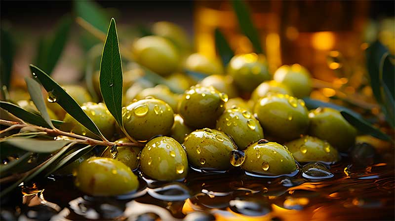 Une assiette d'olives vertes posée sur une table en bois.  Les olives sont dénoyautées et ont une couleur vert vif.