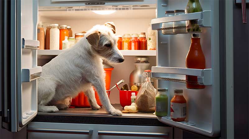 Un chien assis sur un comptoir de cuisine devant un réfrigérateur ouvert, regardant la nourriture à l’intérieur.