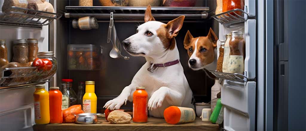 Two dogs sitting in a refrigerator, looking at the camera with curious expressions.