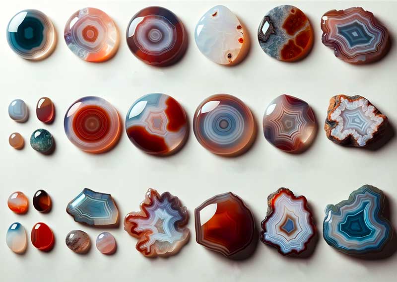 Une variété de différents types de pierres précieuses d'agate, notamment le quartz, l'agate et le jaspe, exposés sur une table en bois.