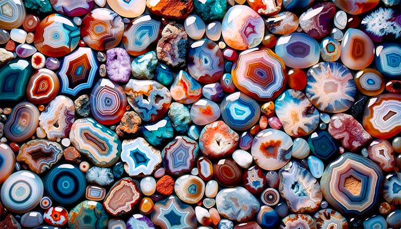 Une pile de pierres précieuses d'agate colorées en équilibre les unes sur les autres, formant un totem.