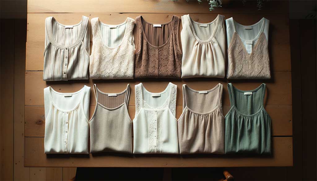 A table of cami tops in various colors and styles, including racerback, crop top, and v-neck.