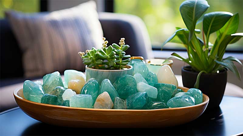 Un bol en verre rempli de pierres précieuses amazonites à côté d'une plante en pot sur une table en bois.