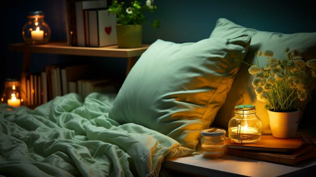 Couette et oreillers verts sur un lit