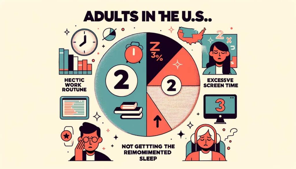 Illustration d'adultes aux États-Unis avec des routines de travail trépidantes, un temps d'écran excessif et ne bénéficiant pas du sommeil recommandé