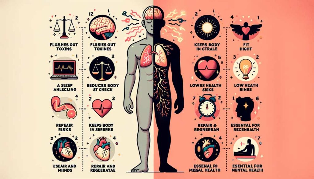 Diagramme des effets du sommeil sur le corps, y compris la fonction cérébrale, l'humeur, l'immunité et le poids