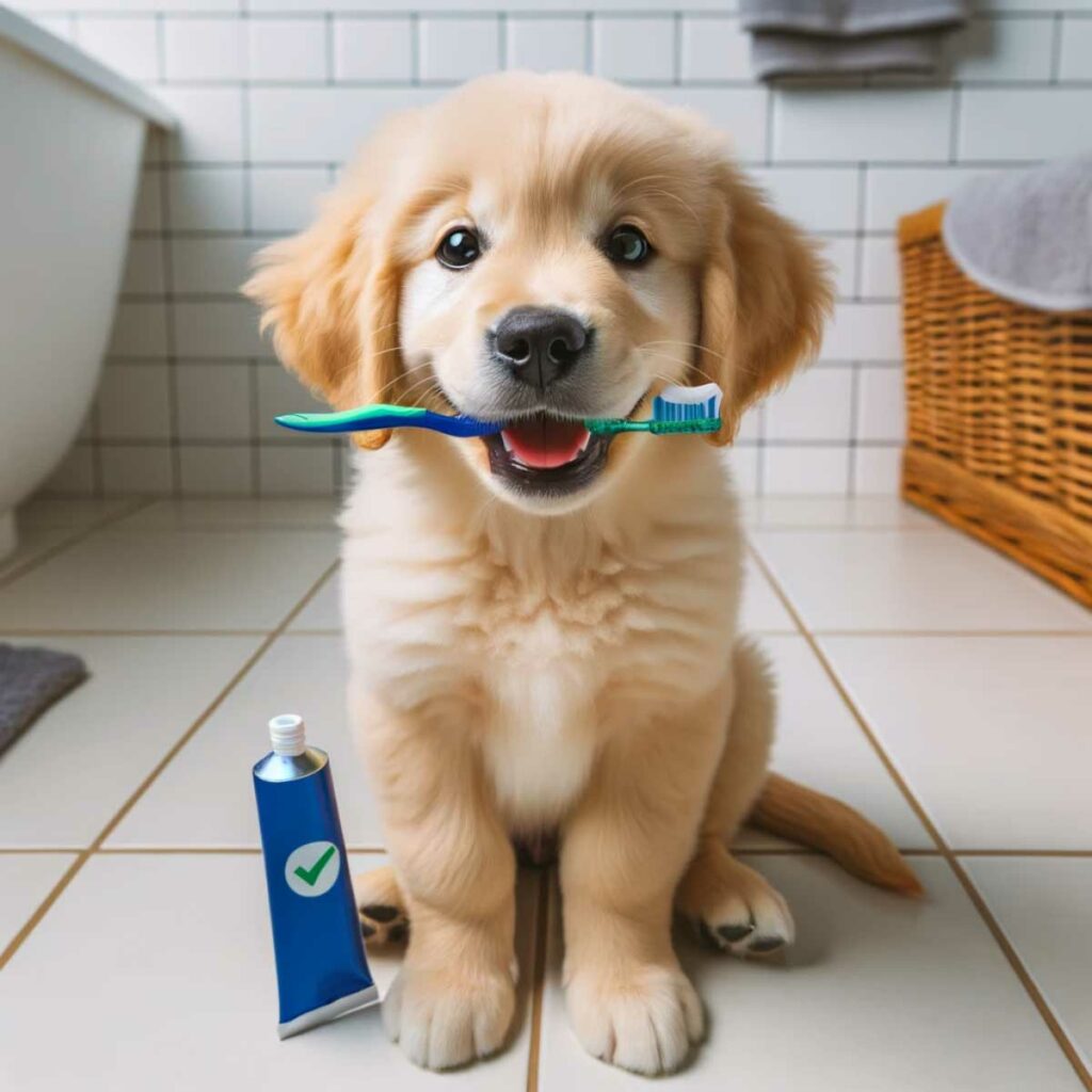 Chiot avec brosse à dents dans la bouche, apprenant de bonnes habitudes d'hygiène dentaire.