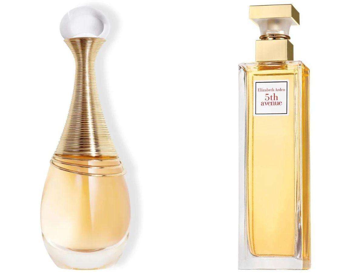 Bons homologues de parfums chers: eau parfumée J'adore dior and parfum water 5th Avenue Elizabeth arden