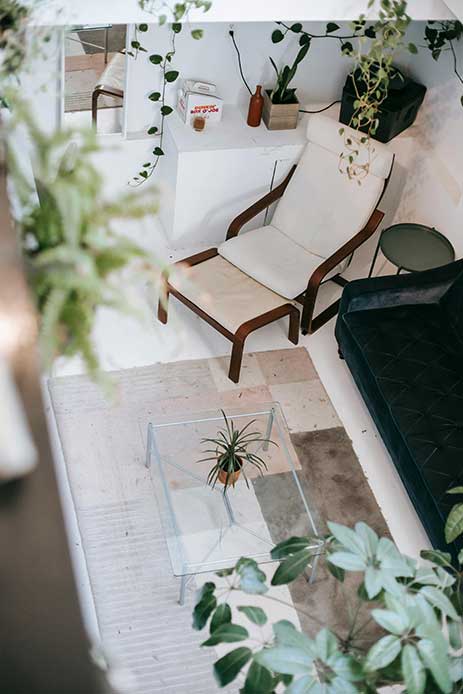 Détendez-vous avec fauteuil, plantes suspendues et lumière naturelle.